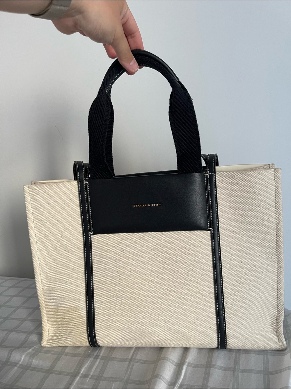 Charles & Keith Cream Canvas Tote with Black Trim